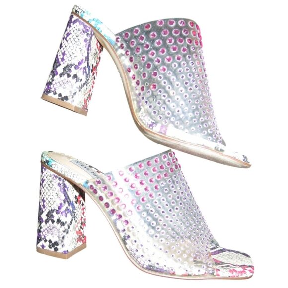 Steve Madden Multicolor Rhinestone Embellished Snake Skin Heeled Mules Size 6 - Picture 7 of 10